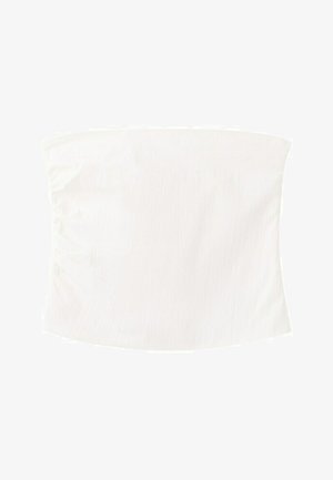 Hvid stropløs bandeau-top lavet af struktureret stof med lige halsudskæring og en tætsiddende silhuet.