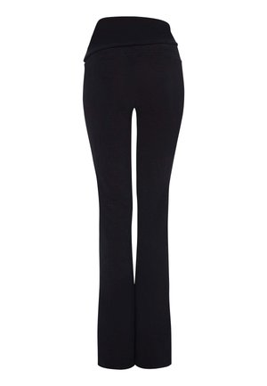 Schwarze, ausgestellte Hosen aus weichem Stoff, mit einem breiten Bund und einer glatten Textur, geeignet für Sportbekleidung oder legere Outfits.