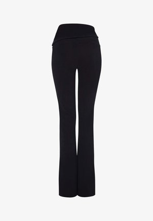 Schwarze, ausgestellte Hosen aus weichem Stoff, mit einem breiten Bund und einer glatten Textur, geeignet für Sportbekleidung oder legere Outfits.