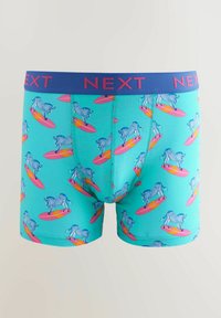 Türkise Boxershorts mit einem Muster von Zebras, die auf pinken und orangenen Surfboards surfen, und einem kontrastierenden blauen Bund, der mit "NEXT" beschriftet ist.