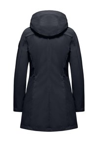 Marineblauwe, waterdichte jas met een capuchon, lange mouwen en een rechte snit. Kenmerkt zich door een gladde textuur en minimale stikseldetails.