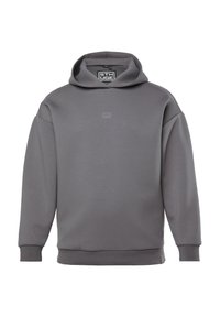 Grijze hoodie, gemaakt van een zachte stof. Heeft een losse pasvorm, ribgebreide manchetten en een klein logo op de borst.