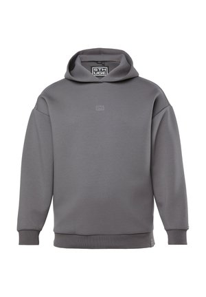 Grijze hoodie, gemaakt van een zachte stof. Heeft een losse pasvorm, ribgebreide manchetten en een klein logo op de borst.