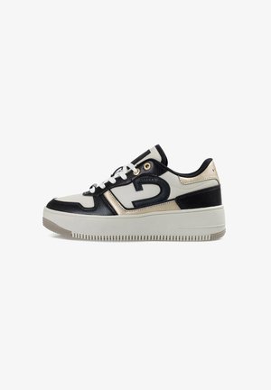 Black, white, and gold sneaker with a textured leather upper, perforated accents, and a thick rubber sole featuring a tread pattern.