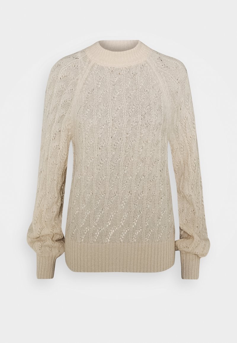 Pull beige en maille torsadée avec manches longues bouffantes, poignets et ourlet côtelés, et encolure ronde côtelée.