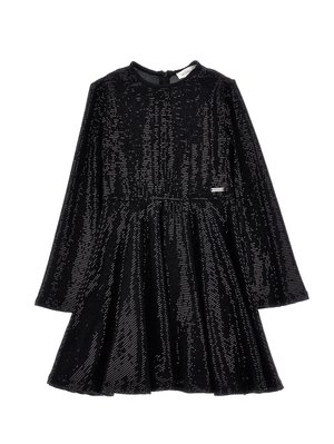 Abito lungo nero a maniche lunghe realizzato in tessuto testurizzato, impreziosito da paillettes argento, con scollo rotondo e gonna svasata.