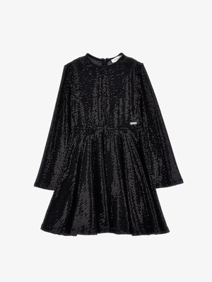 Vestido preto de mangas compridas feito de tecido texturizado, adornado com lantejoulas prateadas, com decote redondo e saia rodada.