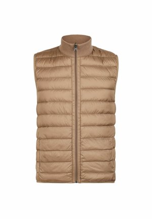 Beige polstret vest med høj krave, lynlås foran og vandret quilting. Letvægtsmateriale med en glat overflade. Uden ærmer.