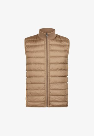 Beige polstret vest med høj krave, lynlås foran og vandret quilting. Letvægtsmateriale med en glat overflade. Uden ærmer.