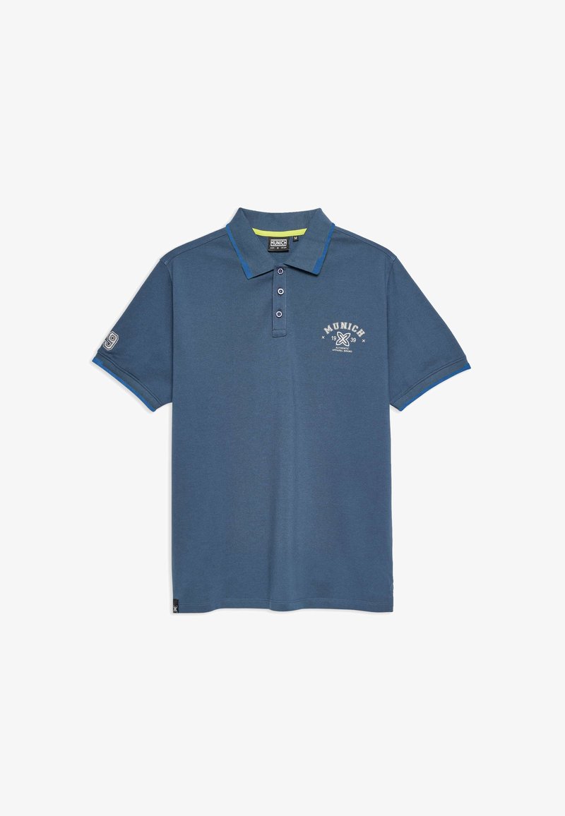 Dark blue polo shirt made of cotton blend, featuring a collar, three-button placket, and a chest print with “Munich 1939.” Blue accents on the sleeves.