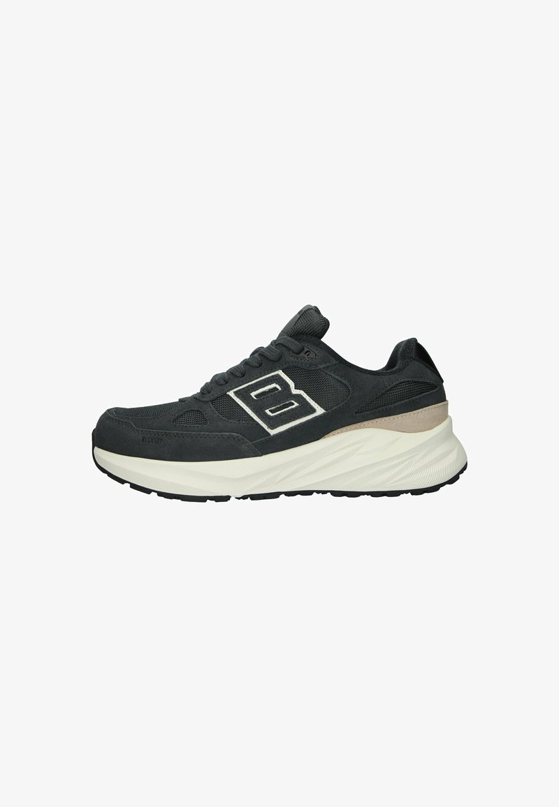 Black sneaker with a textured upper, featuring a white 'B' logo. Thick white midsole, grey accents, and a durable rubber outsole.
