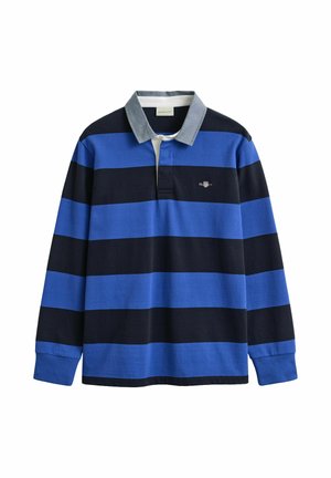 Rugbyshirt met lange mouwen met brede horizontale blauwe en zwarte strepen, lichtgrijze kraag en klein logo op de linkerborst.