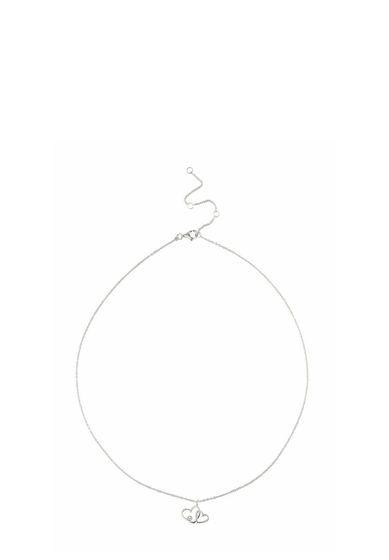 Collana con catena d'argento e pendenti a forma di cuore intrecciati. Presenta una chiusura a moschettone e una catena regolabile per la personalizzazione della lunghezza.