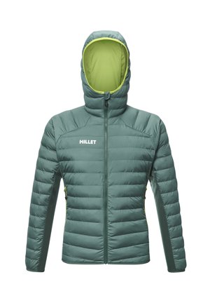 Veste légère matelassée isolante verte avec capuche, dotée d'une doublure intérieure lime contrastante, de poches zippées et d'une coupe ajustée.