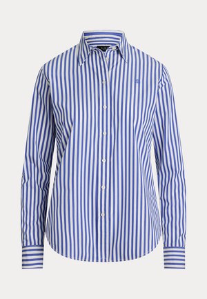 Camicia button-up a righe blu e bianche realizzata in cotone. Presenta un colletto a punta, maniche lunghe e un orlo arrotondato con un piccolo logo.