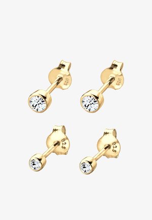 Boucles d'oreilles en or doré avec une pierre précieuse transparente à une extrémité, en argent sterling 925, avec une finition polie et une fermeture sécurisée.