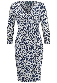 Navy dress with white floral pattern, fitted shape, V-neckline, three-quarter sleeves, and gathered details at the waist.