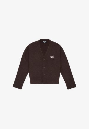 Dark brown button-up cardigan with long sleeves and a small white embroidered "wb" logo on the left chest.