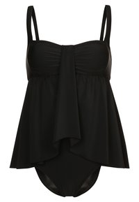 Maillot de bain noir avec un corsage froncé, des bretelles ajustables et un overlay volanté fluide qui drape sur le bas attaché.