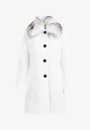 Witte wollen jas met een faux fur kraag in grijstinten, met een rechte snit, lange mouwen en vijf zwarte knopen aan de voorkant.