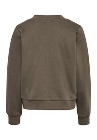 Oliwkowy sweatshirt o miękkiej fakturze, z ribbowanym dekoltem i mankietami, charakteryzujący się luźnym krojem oraz brakiem widocznych logo lub wzorów.