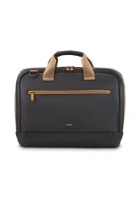 Schwarze und beige Laptop-Tasche mit einer vorderen Reißverschlusstasche, zwei beigen Griffen und einem gepolsterten schwarzen Obergriff.