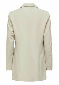 Blazer beige à manches longues avec un col cranté, une couture droite dans le dos et une coupe ajustée, montré de dos sur fond blanc.