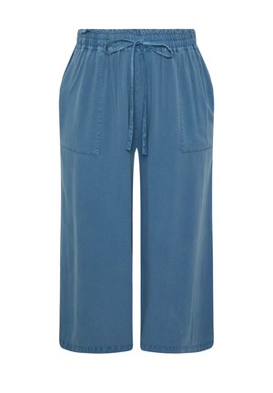 Pantalon bleu large court avec taille élastique, cordon de serrage et deux poches plaquées devant.