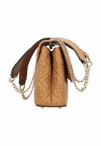 Gestepptes Handtasche aus hellbraunem Leder mit zwei Fächern, ausgestattet mit goldfarbener Kettenhardware und einem glatten Schulterriemen.