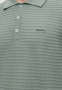 Polo vert clair texturé avec trois boutons et logo "GANT" brodé sur la poitrine.