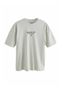 Lys grå bomulds t-shirt med rund halsudskæring, korte ærmer og et trykt design med japanske tegn og et kranie grafik.