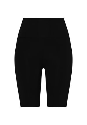 Czarne rowerowe szorty z wysokim stanem wykonane z elastycznego materiału. Cecha gładka tekstura, dopasowany krój i długość do połowy uda.