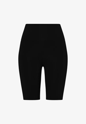 Czarne rowerowe szorty z wysokim stanem wykonane z elastycznego materiału. Cecha gładka tekstura, dopasowany krój i długość do połowy uda.