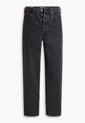 Black high-waist straight-leg jeans with button fly, five-pocket design, and copper rivets.