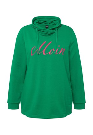 Zelená mikina s kapucí, dlouhými rukávy a růžovým kurzivním nápisem "Moin" na přední straně. Měkká tkanina a volný střih.