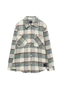 Geknoopte geruite shirt in crèmekleur, groen en bruin. Voorzien van twee borstzakken, lange mouwen en een geweven textuur.