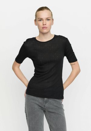 Black ribbed short-sleeve top with a round neckline, featuring subtle textured detailing and a fitted silhouette.