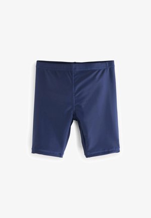 Temno modre kopalne hlače iz gladkega, raztegljivega materiala. Z značilnostmi, kot so rez do sredine stegna, ravni šivi in elastičen pas za udobje.