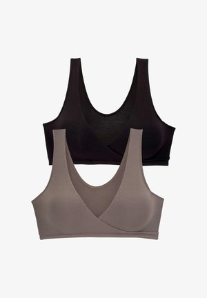 Dois sutiãs sem costura em preto e taupe, com um design de decote em V profundo, alças largas e tecido suave para conforto.