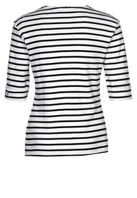 Sort og hvid stribet t-shirt, ¾ længde ærmer, rund halsudskæring og oprullede manchetter. Blødt stof med en glat tekstur.