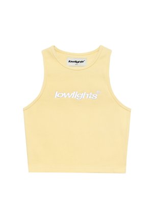 Geltona raštuota trumpa viršutinė dalis su apvaliu kaklu ir balta siuvinėta "lowlights" logo krūtinėje. Pagaminta iš minkštos medžiagos.