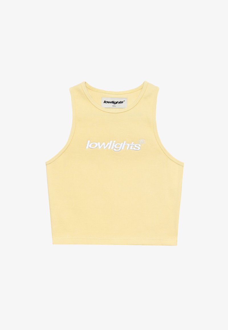 Crop top jaune à côtes avec un col rond et un logo "lowlights" brodé en blanc sur la poitrine. Fabriqué en tissu doux.