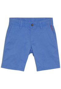 Shorts in cotone blu con chiusura a bottone e passanti per cintura. Presentano tasche frontali e un piccolo logo rosso sul lato destro.