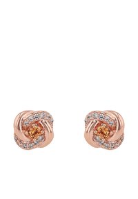 Pendientes de botón en oro rojo con un diseño de nudo retorcido, centrados con piedras naranjas y rodeados de pequeños cristales transparentes.