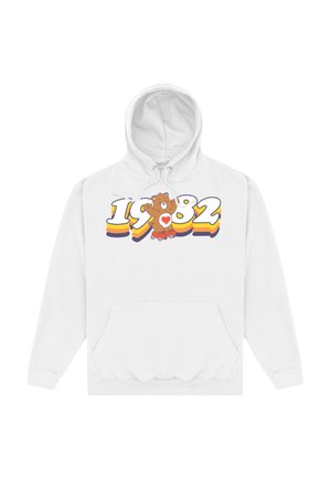 Hvid hoodie med et farverigt design, der viser nummeret "1982" og en bjørnefigur på rulleskøjter, inklusiv en hjerte detalje.