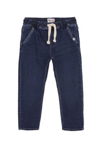 Dziecięce dżinsowe joggery w ciemnoniebieskim kolorze, z elastyczną talią, białym sznurkiem oraz przednimi kieszeniami.