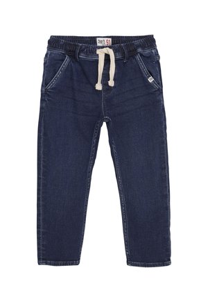Donkerblauwe denim joggerbroeken voor kinderen met een elastische tailleband, witte trekkoord en voorzakken.