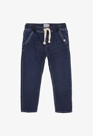 Dunkelblaue Denim-Jogginghosen für Kinder mit elastischem Bund, weißem Kordelzug und vorderen Taschen.