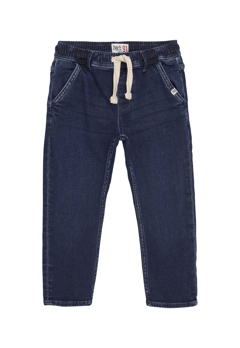Dziecięce dżinsowe joggery w ciemnoniebieskim kolorze, z elastyczną talią, białym sznurkiem oraz przednimi kieszeniami.