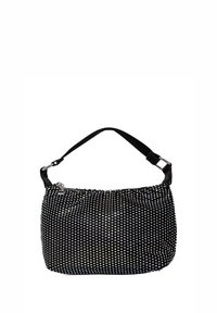 Borsa nera con strass argentati, in tessuto morbido, forma arrotondata, tracolla unica regolabile, chiusura con cerniera e dettaglio di texture sottile.